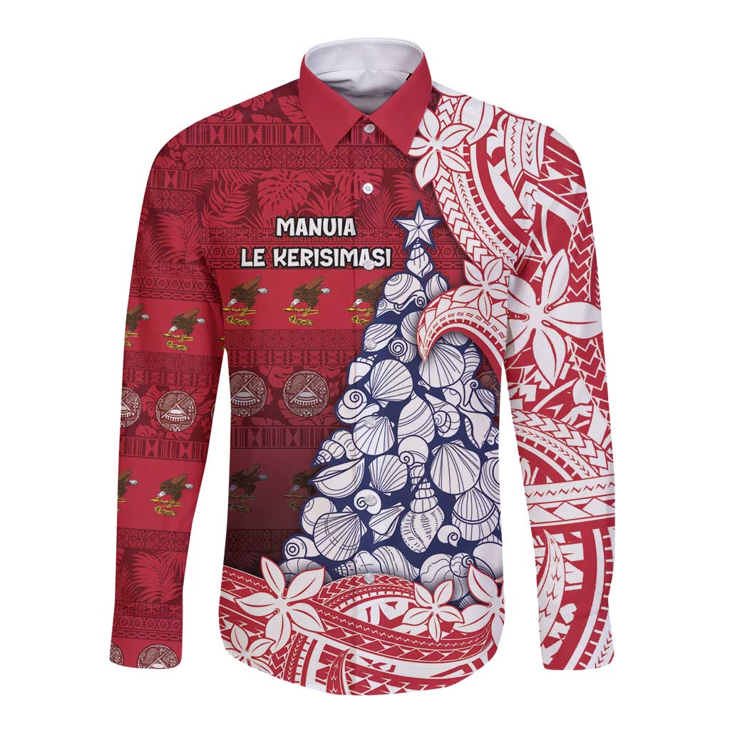 American Samoa Christmas Long Sleeve Button Shirt Seashell Xmas Tree Tribal Waves - Polynesian Pride