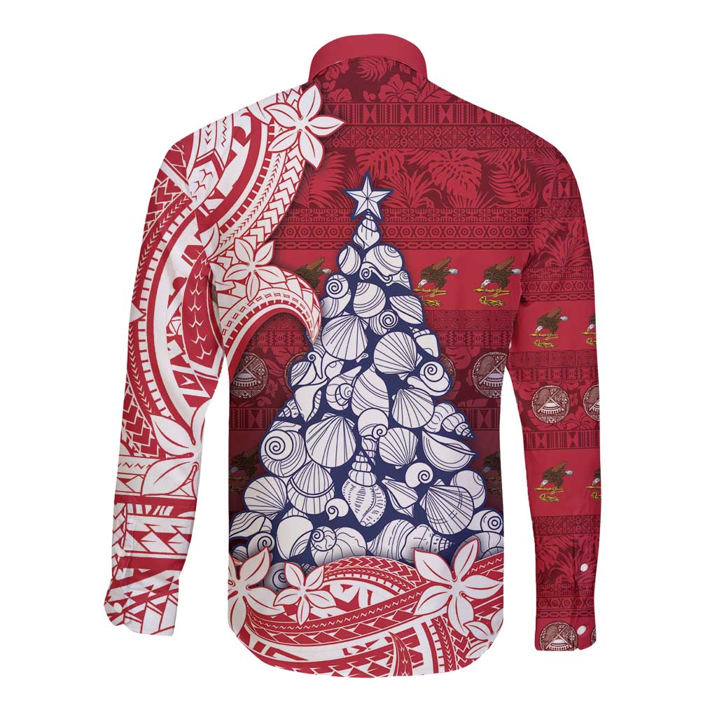 American Samoa Christmas Long Sleeve Button Shirt Seashell Xmas Tree Tribal Waves - Polynesian Pride