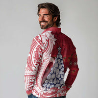 American Samoa Christmas Long Sleeve Polo Shirt Seashell Xmas Tree Tribal Waves - Polynesian Pride