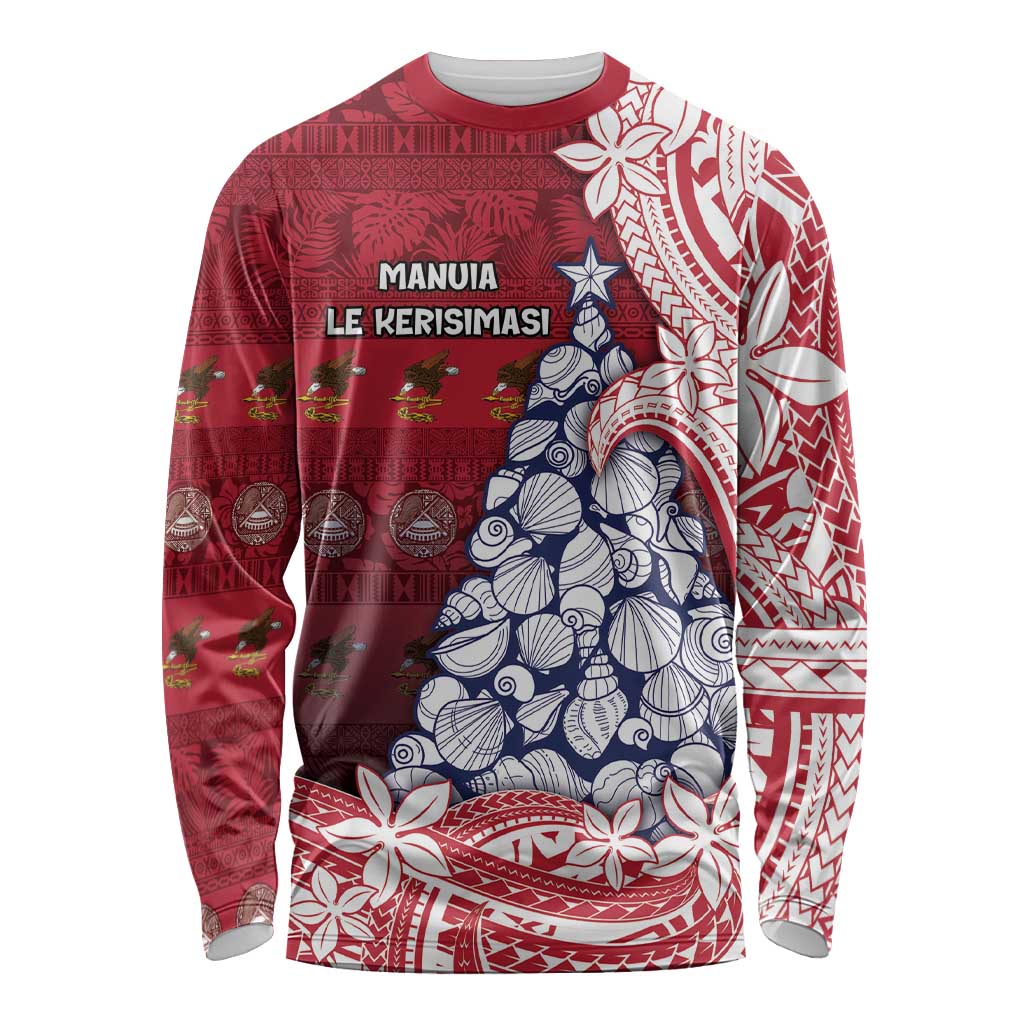 American Samoa Christmas Long Sleeve Shirt Seashell Xmas Tree Tribal Waves - Polynesian Pride