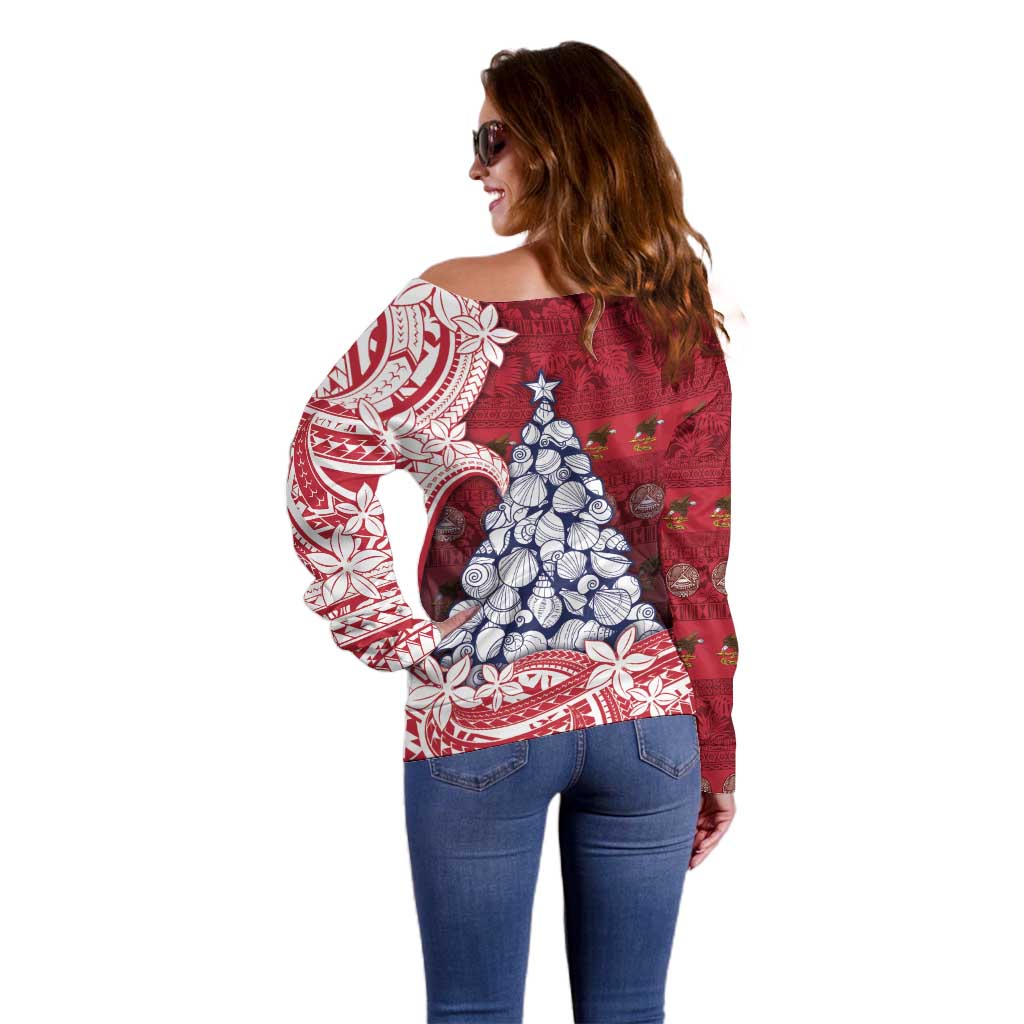 American Samoa Christmas Off Shoulder Sweater Seashell Xmas Tree Tribal Waves - Polynesian Pride
