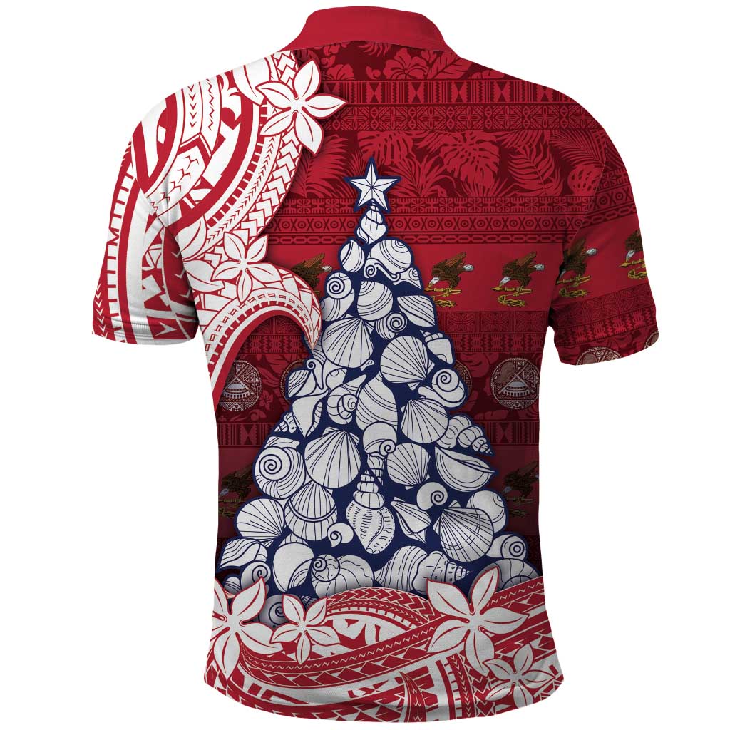 American Samoa Christmas Polo Shirt Seashell Xmas Tree Tribal Waves - Polynesian Pride