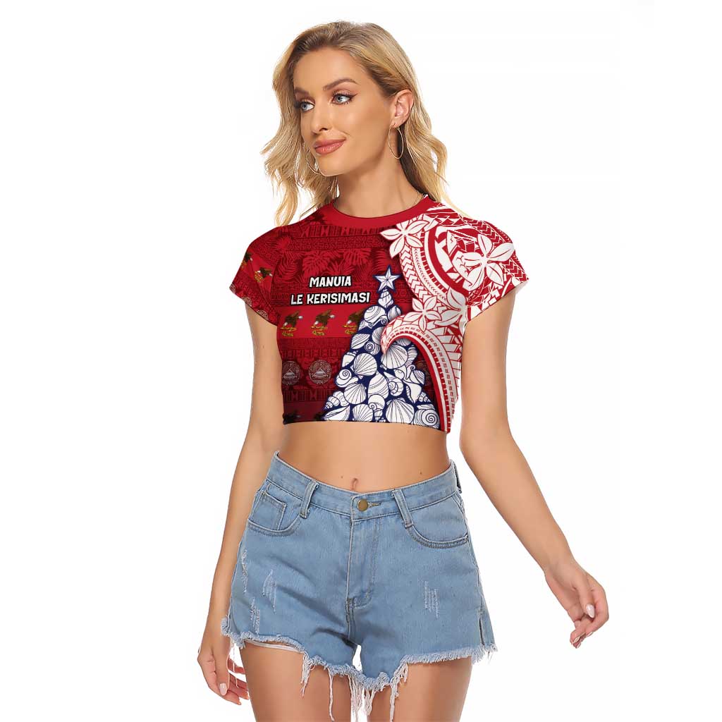 American Samoa Christmas Raglan Cropped T Shirt Seashell Xmas Tree Tribal Waves - Polynesian Pride