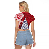 American Samoa Christmas Raglan Cropped T Shirt Seashell Xmas Tree Tribal Waves - Polynesian Pride