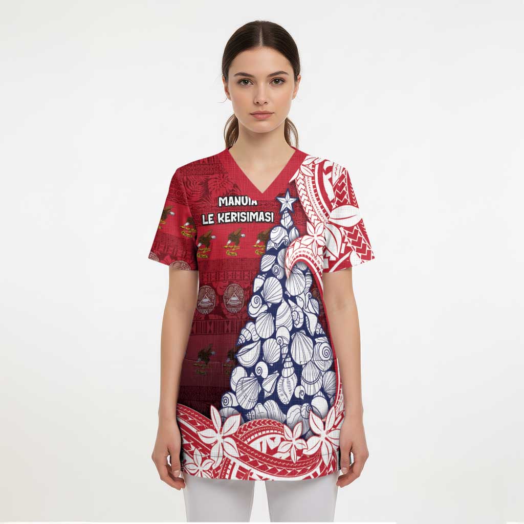 American Samoa Christmas Scrub Top Seashell Xmas Tree Tribal Waves - Polynesian Pride