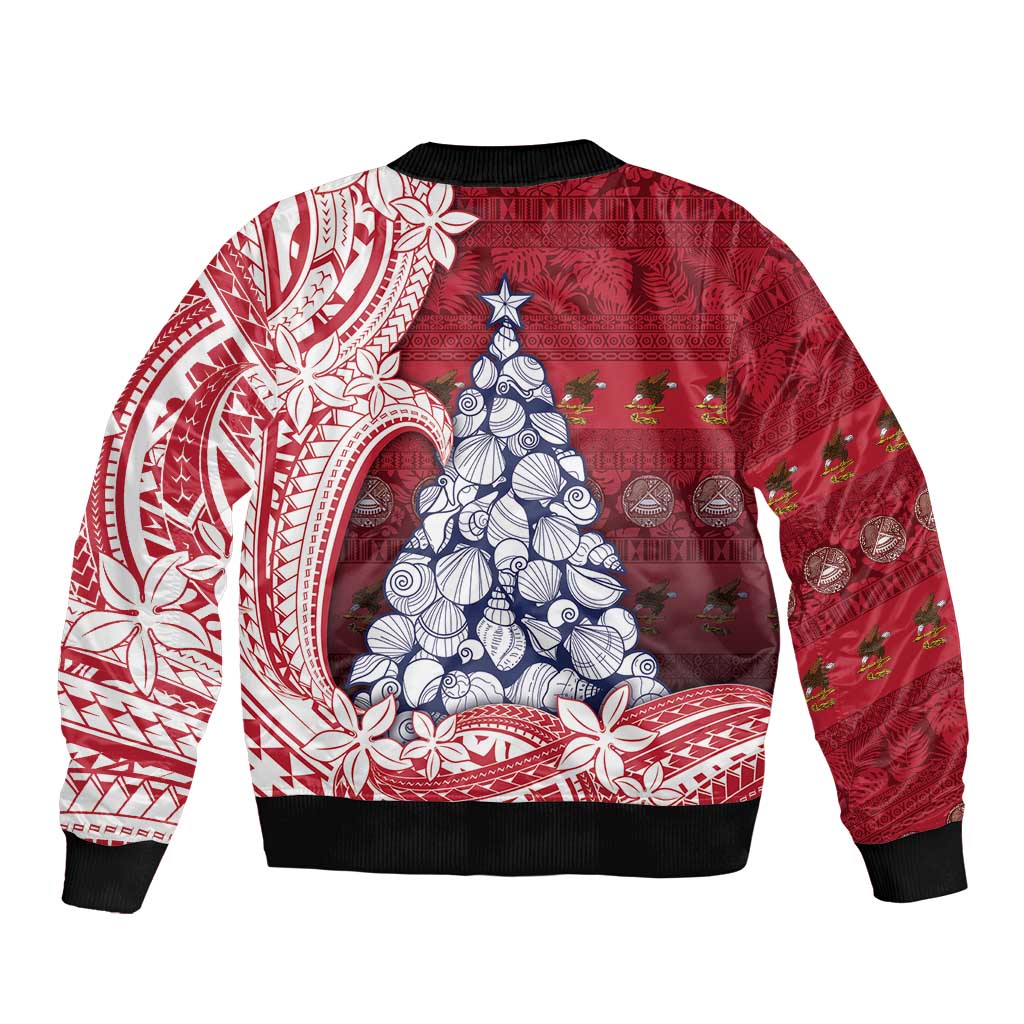 American Samoa Christmas Sleeve Zip Bomber Jacket Seashell Xmas Tree Tribal Waves - Polynesian Pride