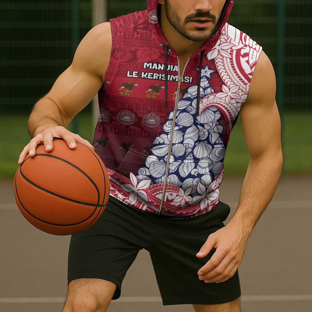 American Samoa Christmas Sleeveless Zip Hoodie Seashell Xmas Tree Tribal Waves - Polynesian Pride