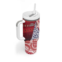 American Samoa Christmas Tumbler With Handle Seashell Xmas Tree Tribal Waves - Polynesian Pride