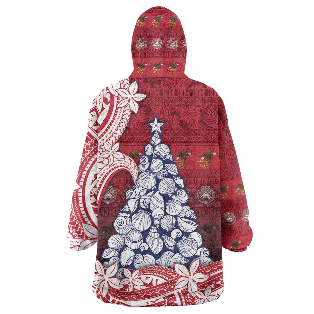 American Samoa Christmas Wearable Blanket Hoodie Seashell Xmas Tree Tribal Waves - Polynesian Pride