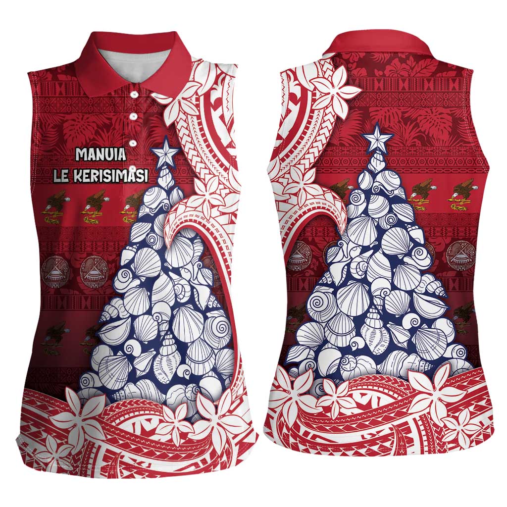 American Samoa Christmas Women Sleeveless Polo Shirt Seashell Xmas Tree Tribal Waves - Polynesian Pride