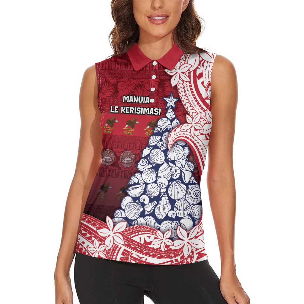 American Samoa Christmas Women Sleeveless Polo Shirt Seashell Xmas Tree Tribal Waves - Polynesian Pride
