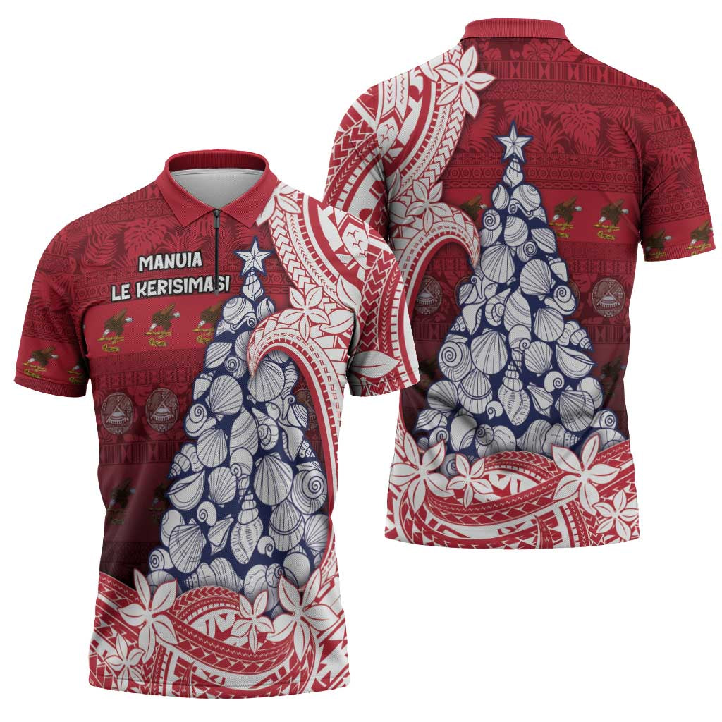 American Samoa Christmas Zipper Polo Shirt Seashell Xmas Tree Tribal Waves - Polynesian Pride