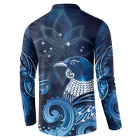 New Zealand Matariki Button Sweatshirt Maori Tui Bird Blue Galaxy