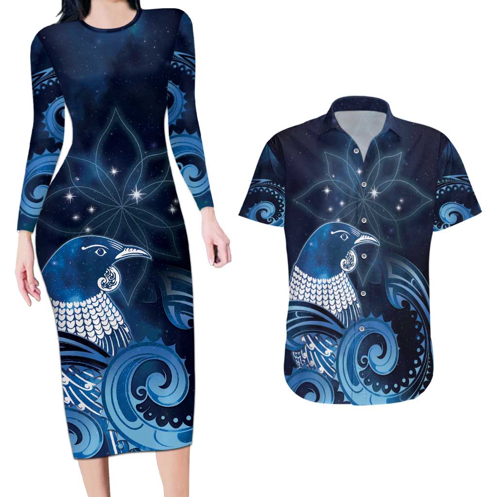 New Zealand Matariki Couples Matching Long Sleeve Bodycon Dress and Hawaiian Shirt Maori Tui Bird Blue Galaxy