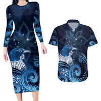 New Zealand Matariki Couples Matching Long Sleeve Bodycon Dress and Hawaiian Shirt Maori Tui Bird Blue Galaxy