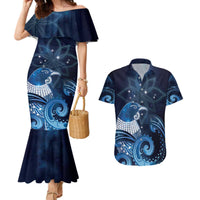 New Zealand Matariki Couples Matching Mermaid Dress and Hawaiian Shirt Maori Tui Bird Blue Galaxy