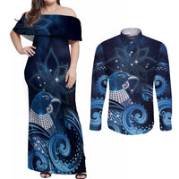 New Zealand Matariki Couples Matching Off Shoulder Maxi Dress and Long Sleeve Button Shirt Maori Tui Bird Blue Galaxy