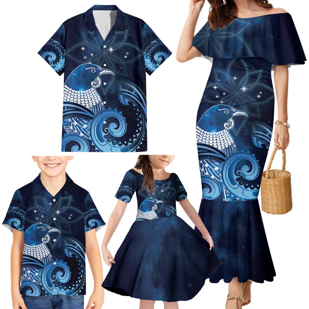 New Zealand Matariki Family Matching Mermaid Dress and Hawaiian Shirt Maori Tui Bird Blue Galaxy