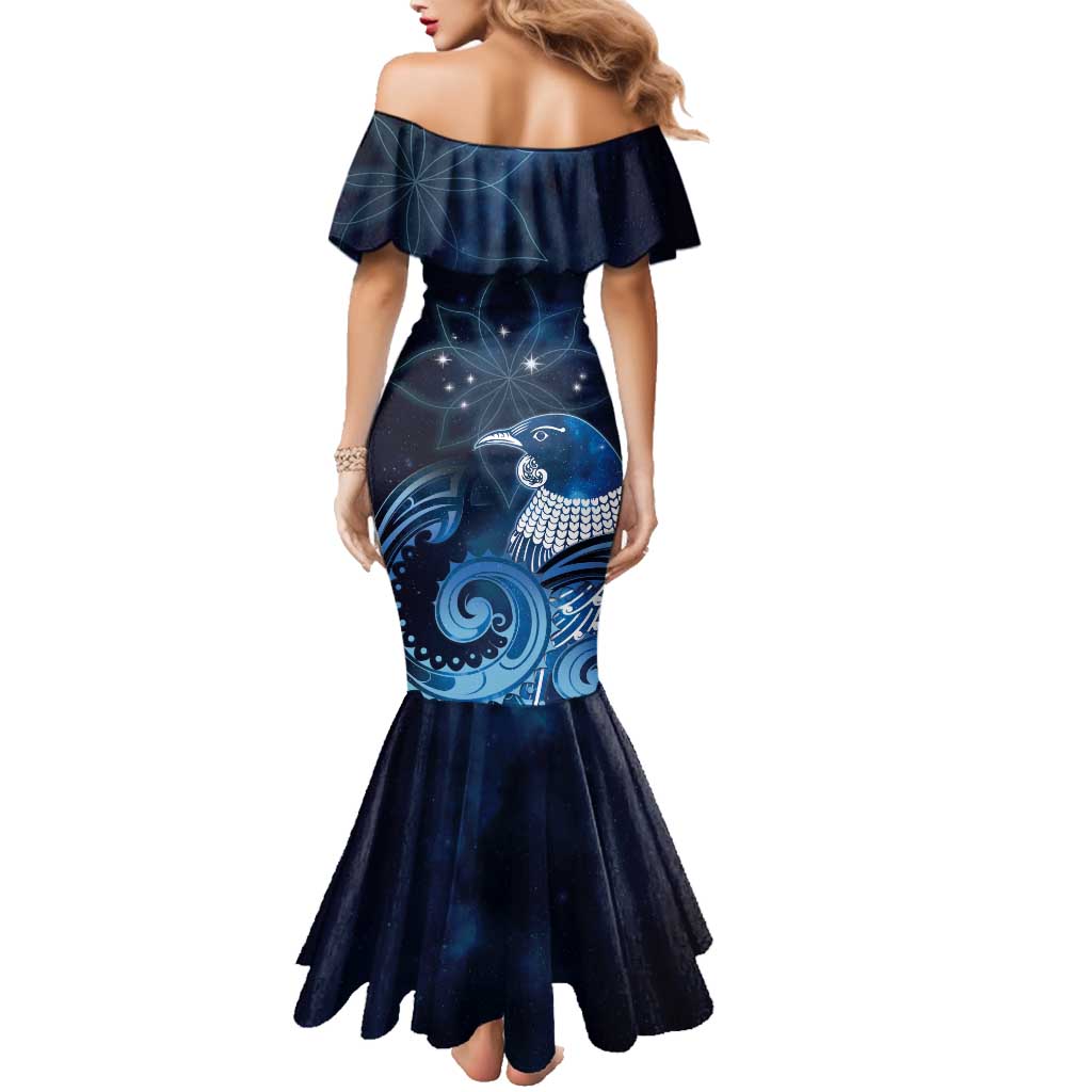 New Zealand Matariki Family Matching Mermaid Dress and Hawaiian Shirt Maori Tui Bird Blue Galaxy