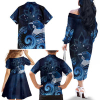 New Zealand Matariki Family Matching Off The Shoulder Long Sleeve Dress and Hawaiian Shirt Maori Tui Bird Blue Galaxy