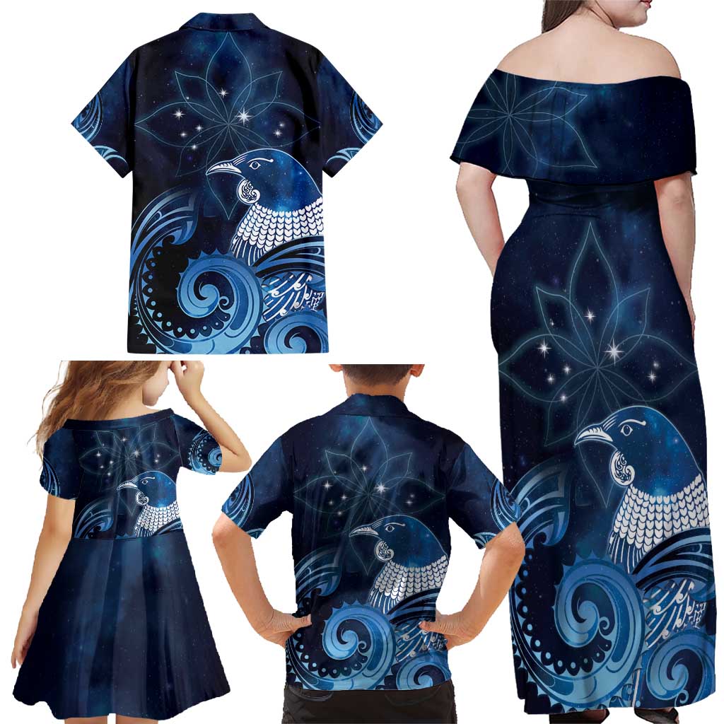 New Zealand Matariki Family Matching Off Shoulder Maxi Dress and Hawaiian Shirt Maori Tui Bird Blue Galaxy