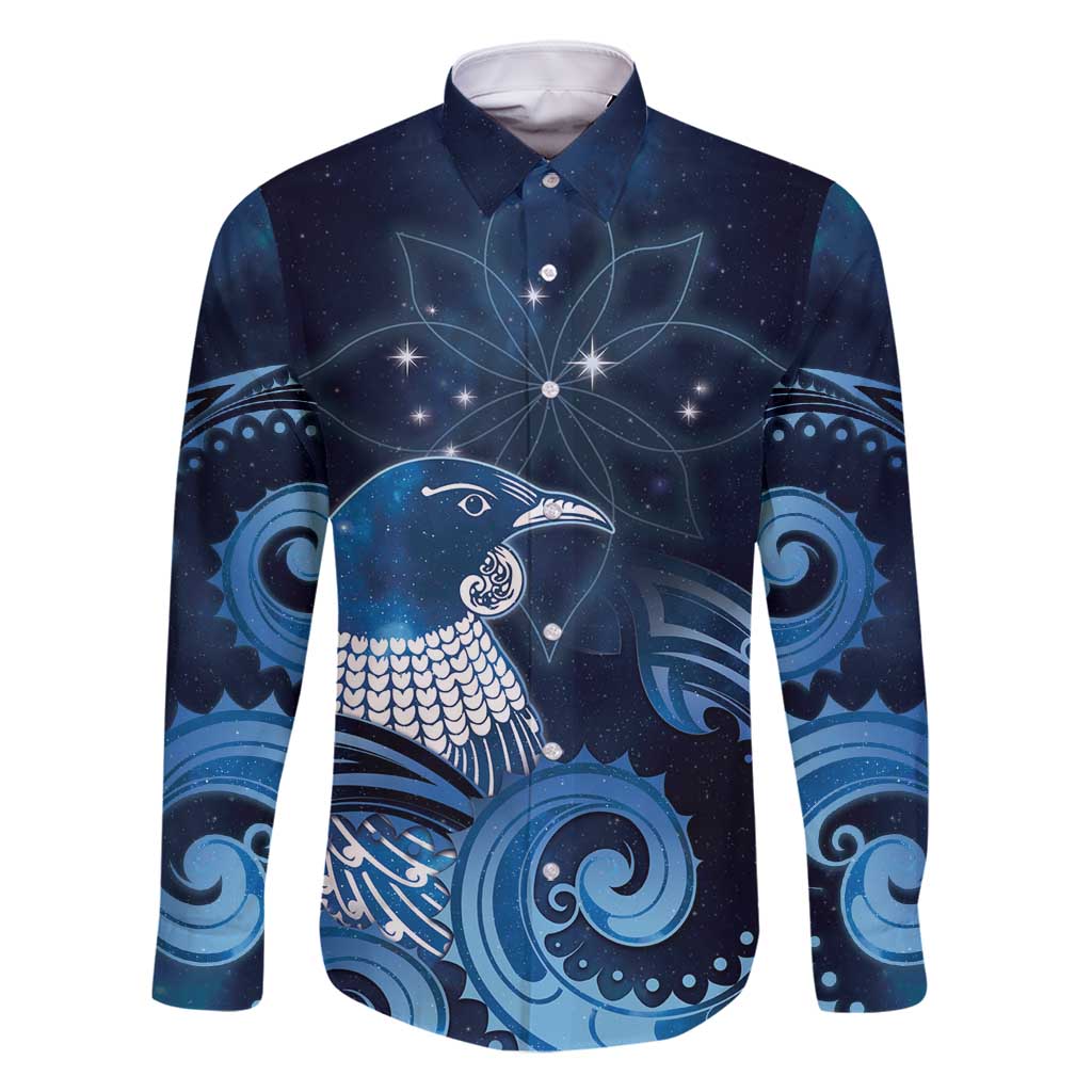 New Zealand Matariki Family Matching Off Shoulder Short Dress and Hawaiian Shirt Maori Tui Bird Blue Galaxy