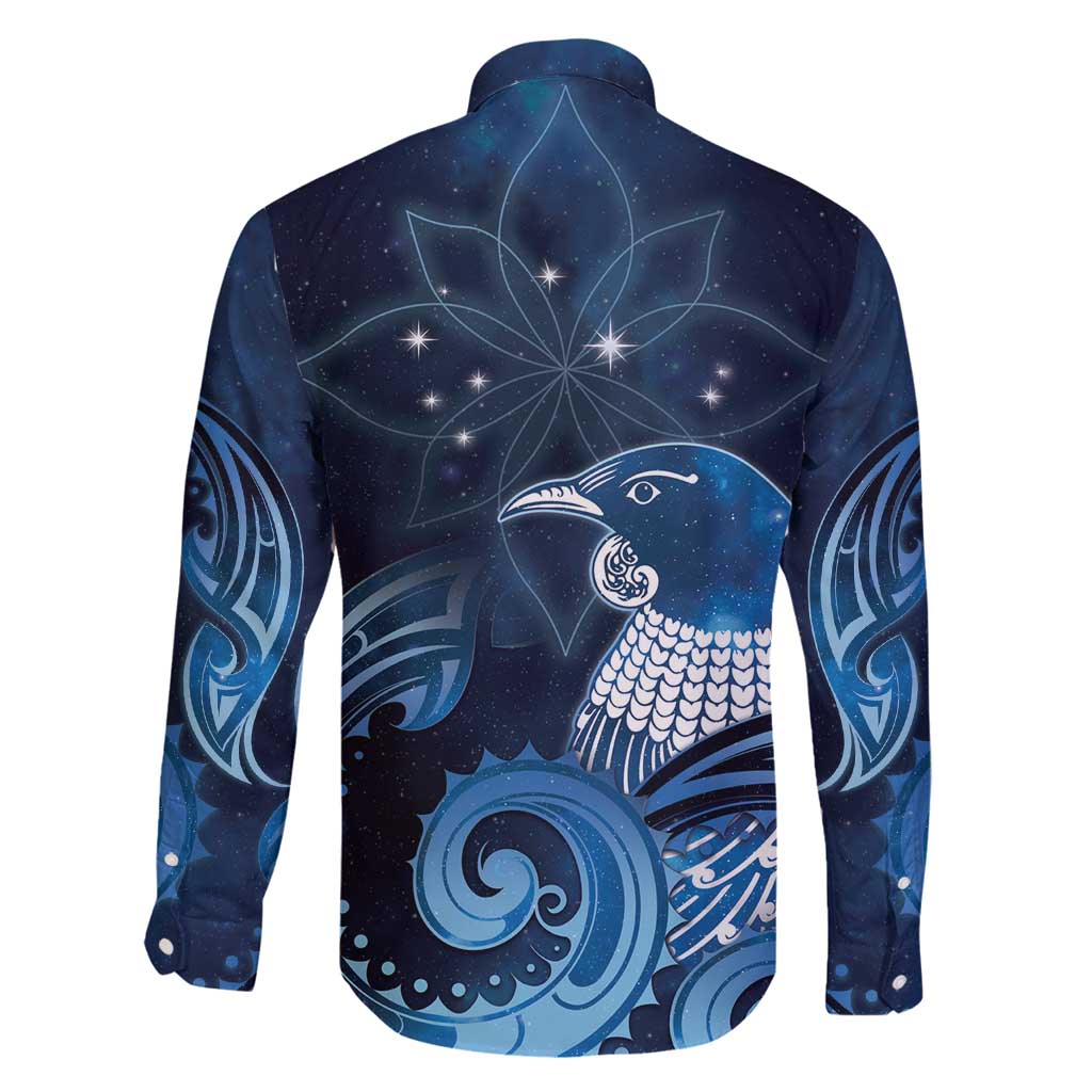 New Zealand Matariki Family Matching Off Shoulder Short Dress and Hawaiian Shirt Maori Tui Bird Blue Galaxy