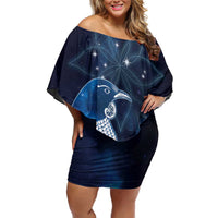 New Zealand Matariki Family Matching Off Shoulder Short Dress and Hawaiian Shirt Maori Tui Bird Blue Galaxy