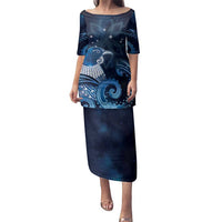 New Zealand Matariki Family Matching Puletasi and Hawaiian Shirt Maori Tui Bird Blue Galaxy