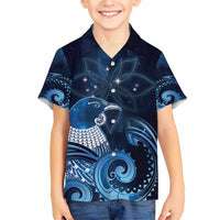 New Zealand Matariki Family Matching Short Sleeve Bodycon Dress and Hawaiian Shirt Maori Tui Bird Blue Galaxy