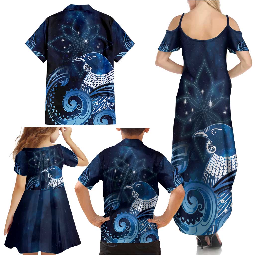 New Zealand Matariki Family Matching Summer Maxi Dress and Hawaiian Shirt Maori Tui Bird Blue Galaxy