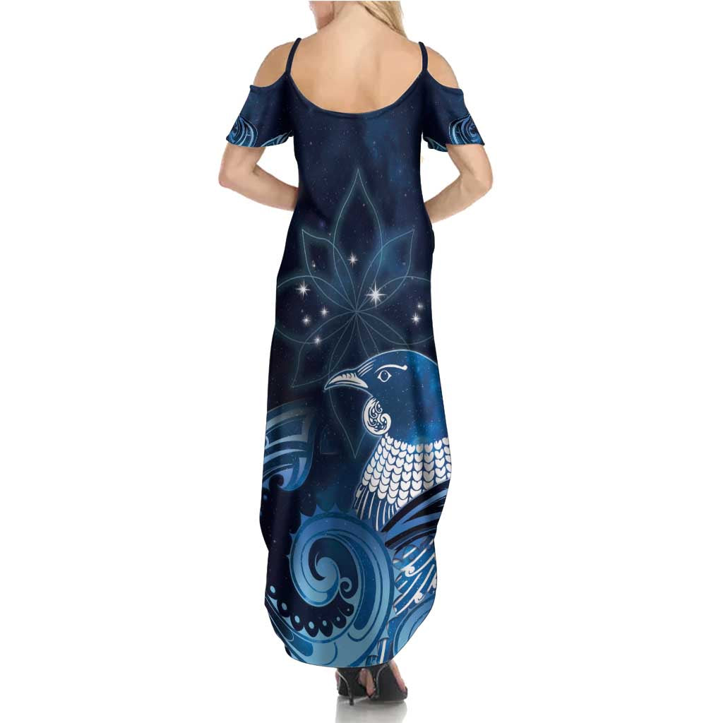 New Zealand Matariki Family Matching Summer Maxi Dress and Hawaiian Shirt Maori Tui Bird Blue Galaxy