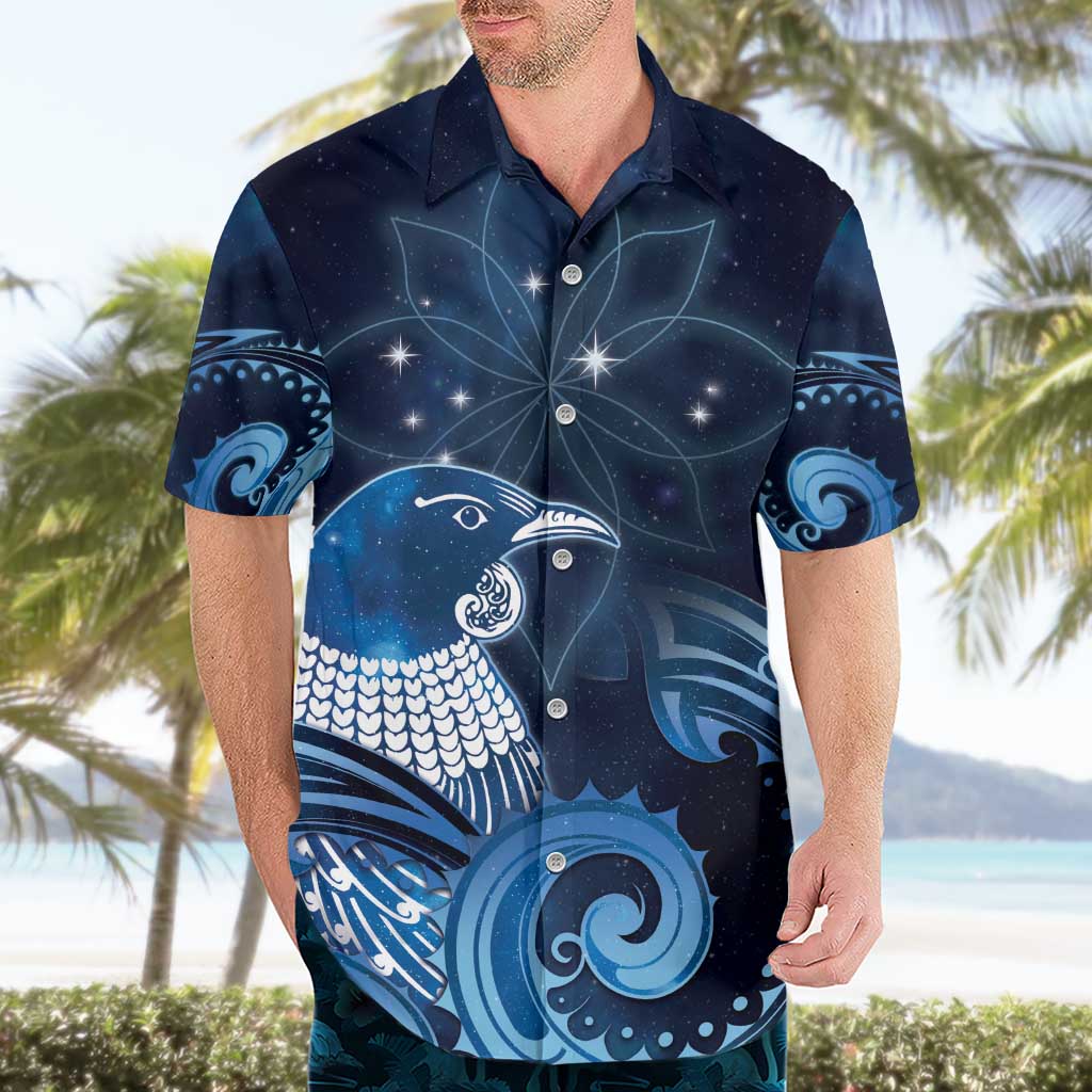 New Zealand Matariki Hawaiian Shirt Maori Tui Bird Blue Galaxy