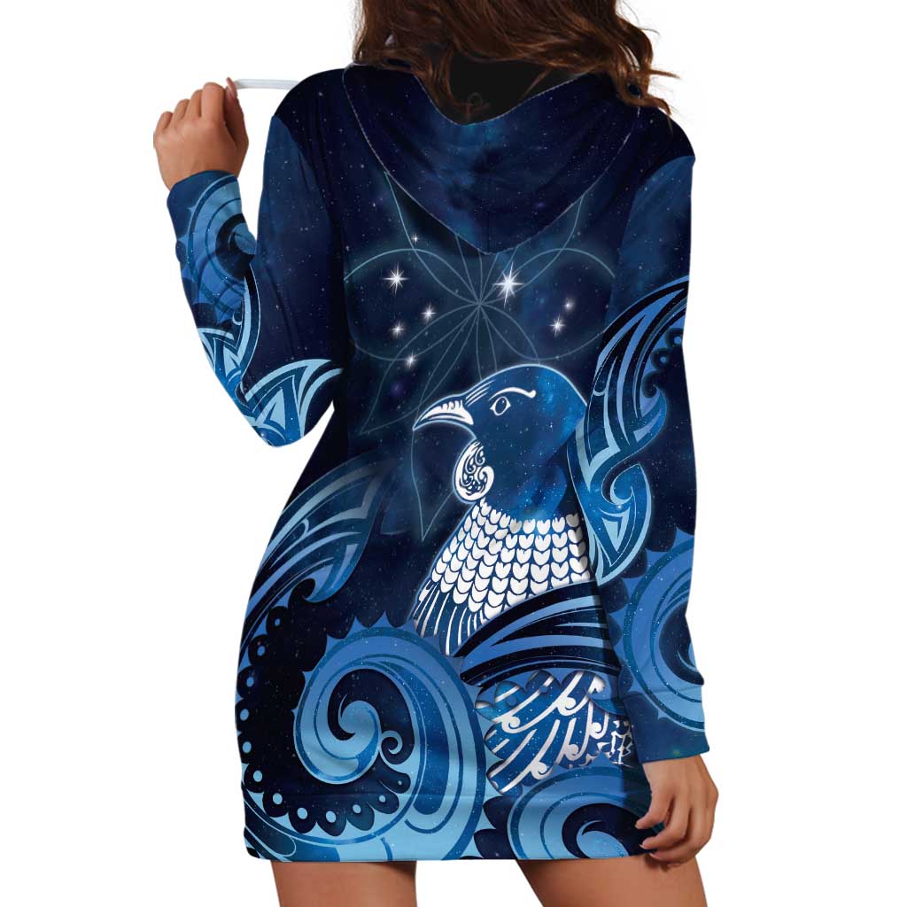 New Zealand Matariki Hoodie Dress Maori Tui Bird Blue Galaxy