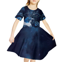 New Zealand Matariki Kid Short Sleeve Dress Maori Tui Bird Blue Galaxy
