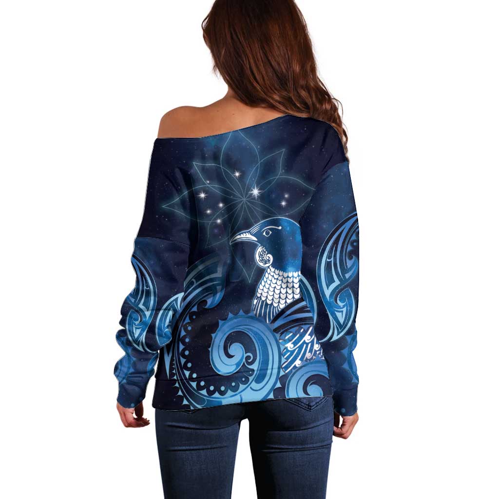 New Zealand Matariki Off Shoulder Sweater Maori Tui Bird Blue Galaxy