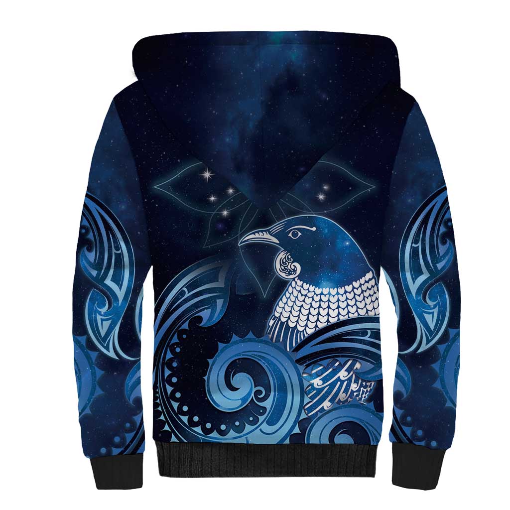 New Zealand Matariki Sherpa Hoodie Maori Tui Bird Blue Galaxy