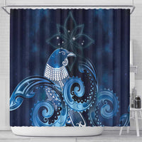 New Zealand Matariki Shower Curtain Maori Tui Bird Blue Galaxy