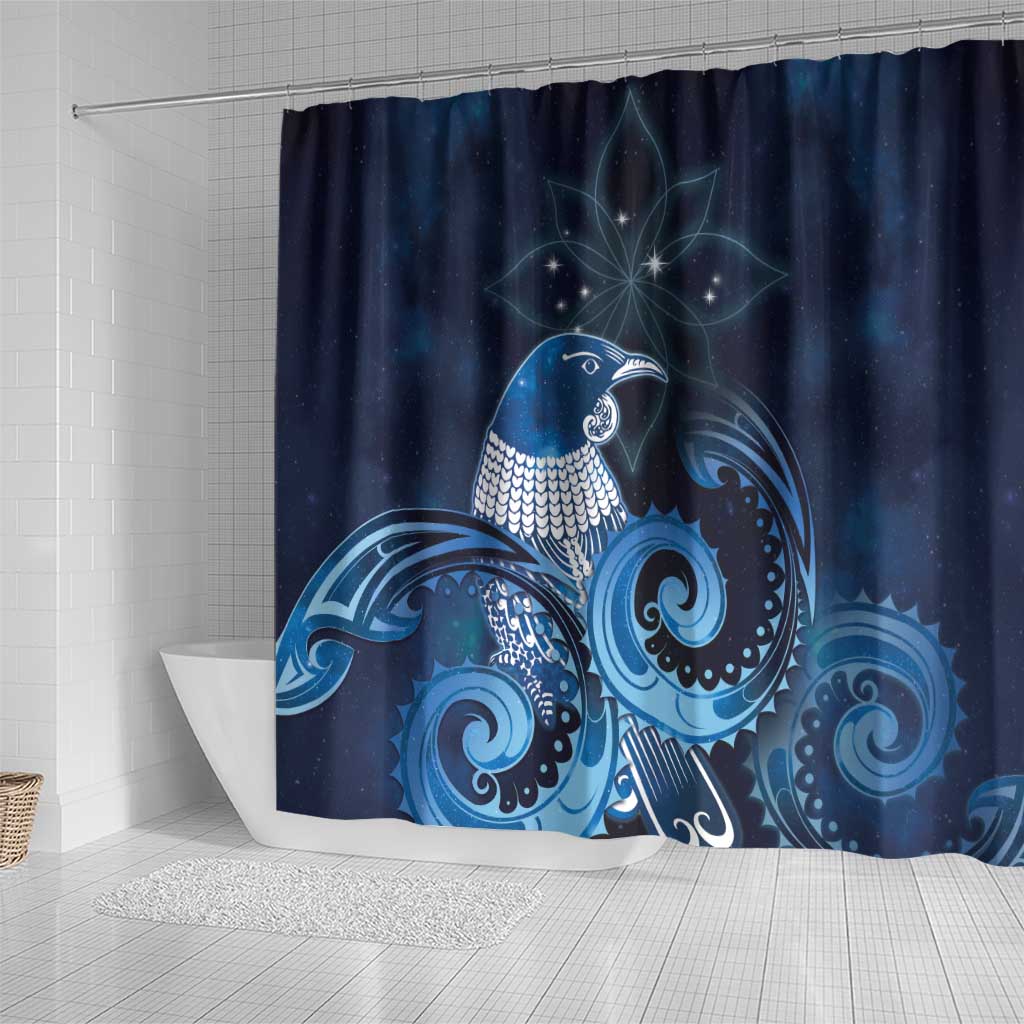 New Zealand Matariki Shower Curtain Maori Tui Bird Blue Galaxy