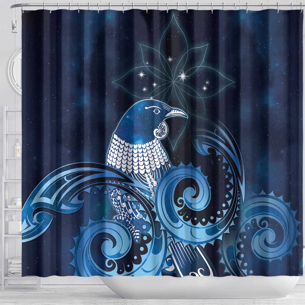 New Zealand Matariki Shower Curtain Maori Tui Bird Blue Galaxy