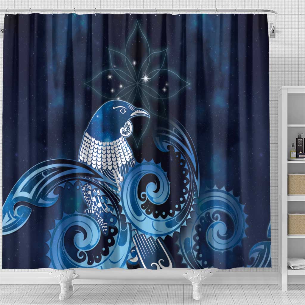 New Zealand Matariki Shower Curtain Maori Tui Bird Blue Galaxy