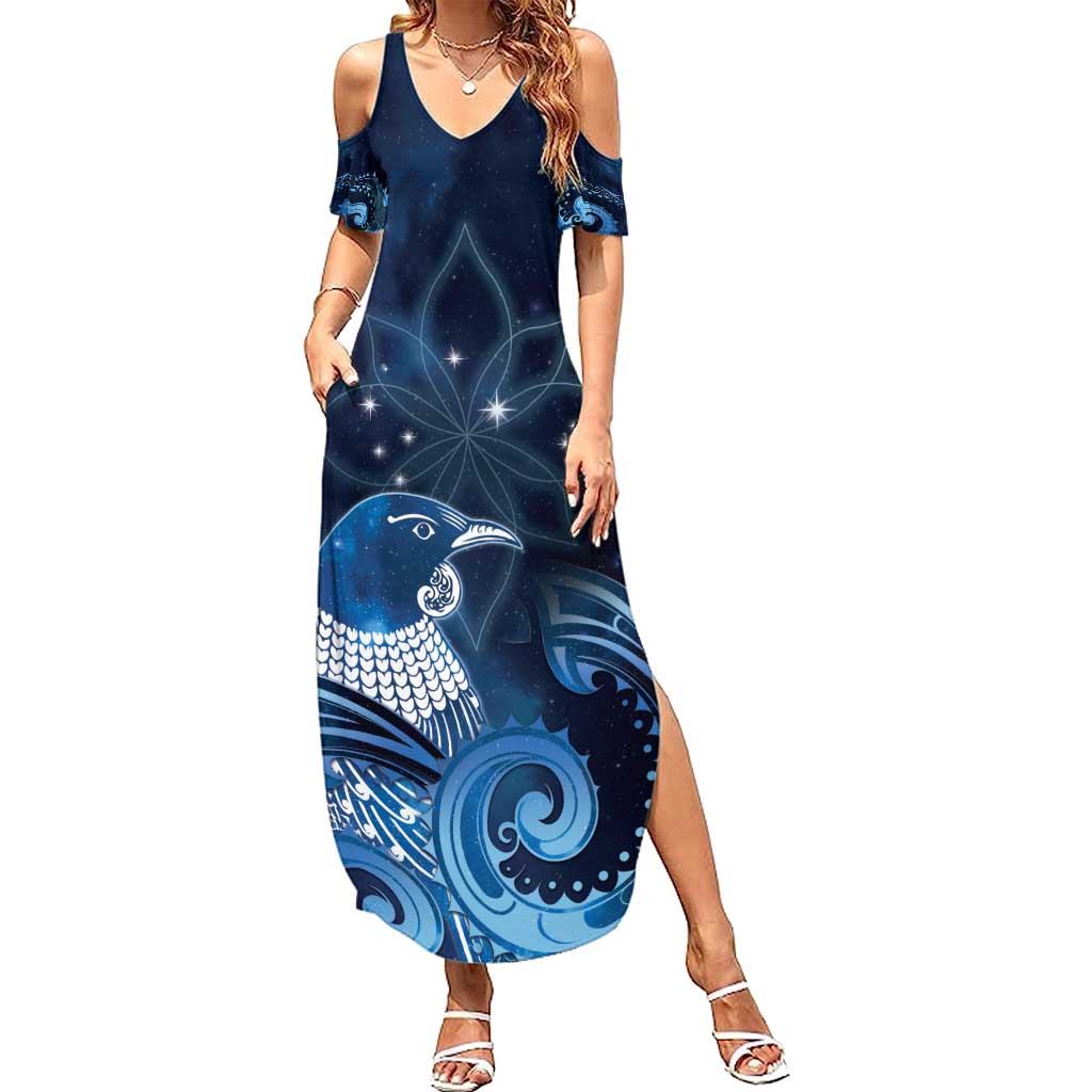 New Zealand Matariki Summer Maxi Dress Maori Tui Bird Blue Galaxy