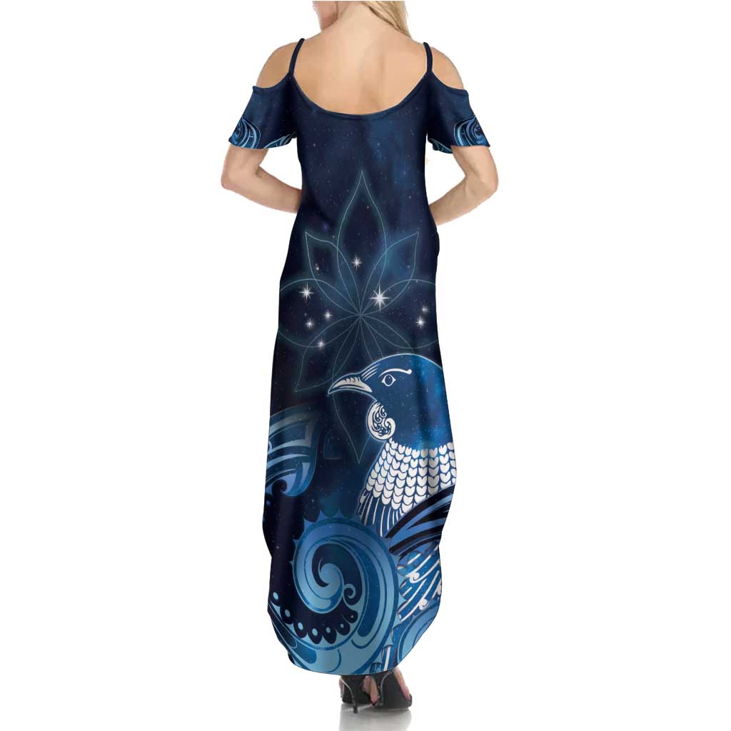 New Zealand Matariki Summer Maxi Dress Maori Tui Bird Blue Galaxy