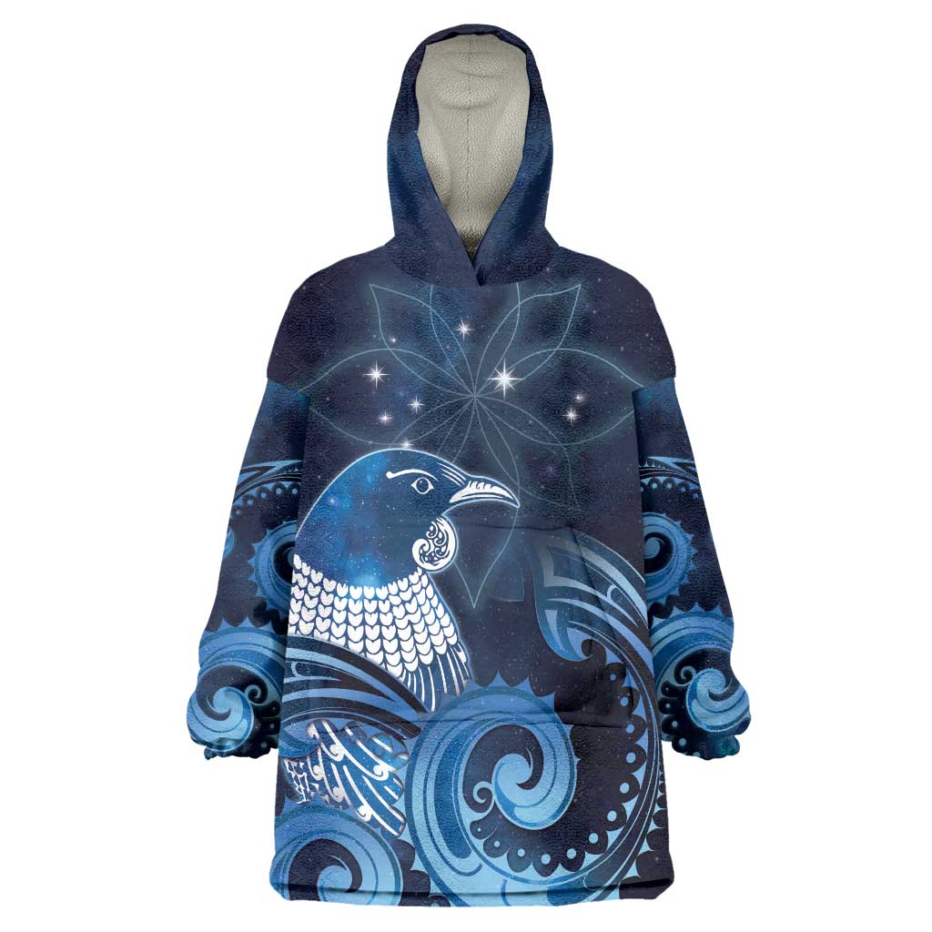 New Zealand Matariki Wearable Blanket Hoodie Maori Tui Bird Blue Galaxy