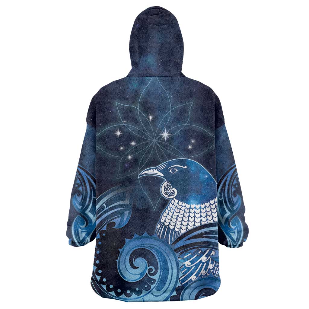 New Zealand Matariki Wearable Blanket Hoodie Maori Tui Bird Blue Galaxy