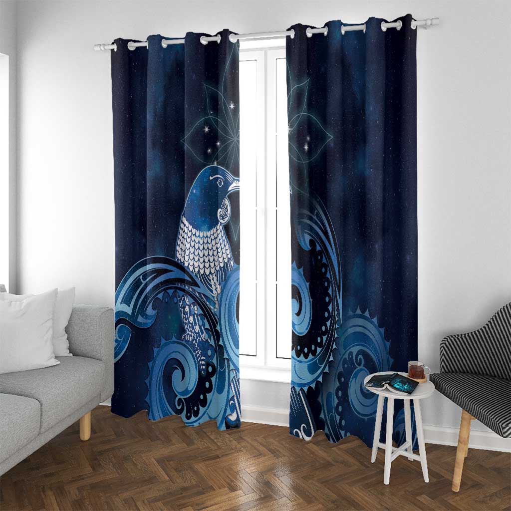 New Zealand Matariki Window Curtain Maori Tui Bird Blue Galaxy