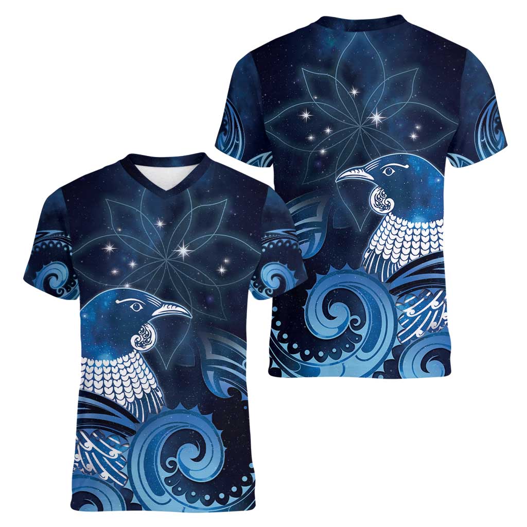 New Zealand Matariki Women V-Neck T-Shirt Maori Tui Bird Blue Galaxy