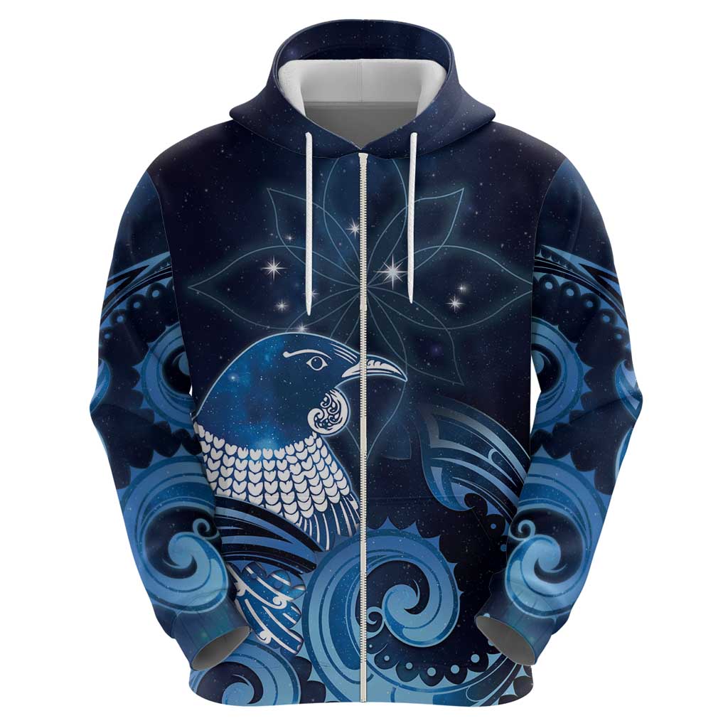 New Zealand Matariki Zip Hoodie Maori Tui Bird Blue Galaxy