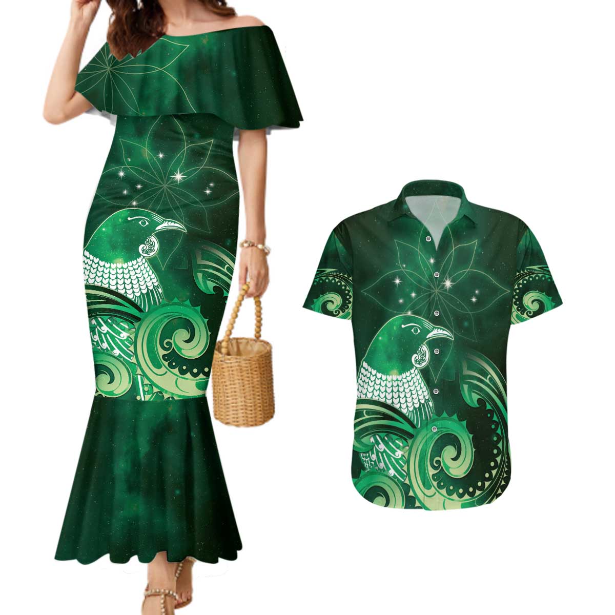New Zealand Matariki Couples Matching Mermaid Dress and Hawaiian Shirt Maori Tui Bird Green Galaxy