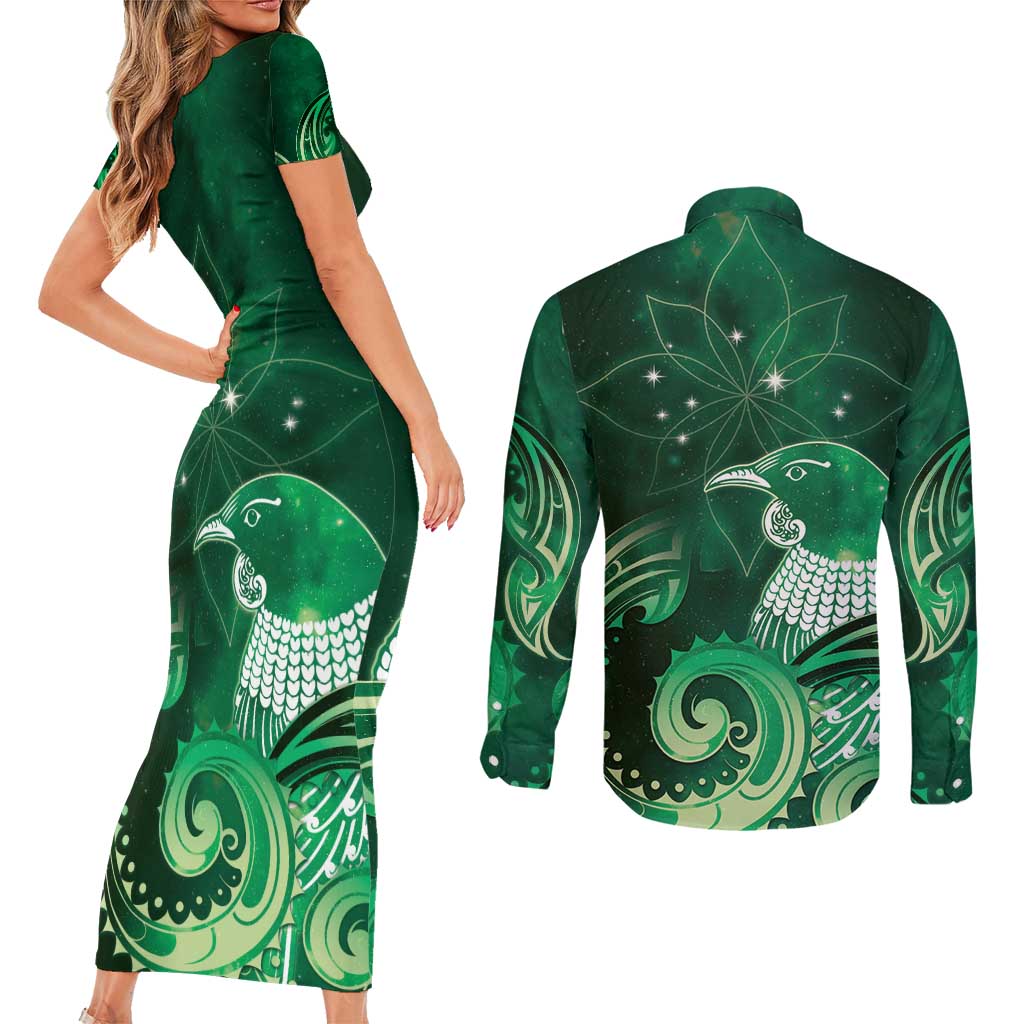 New Zealand Matariki Couples Matching Short Sleeve Bodycon Dress and Long Sleeve Button Shirt Maori Tui Bird Green Galaxy